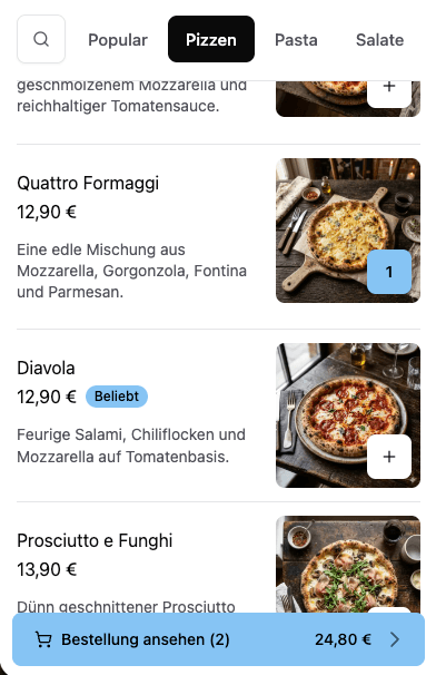 Online-Bestellspeisekarte auf einem Smartphone